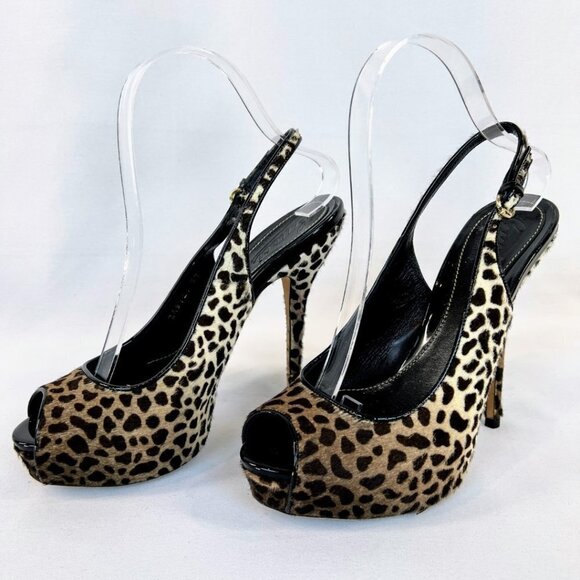GUCCI Sofia Platform Calf Hair Leopard Print Open Toe Slingback Pumps $850 - Picture 4 of 13